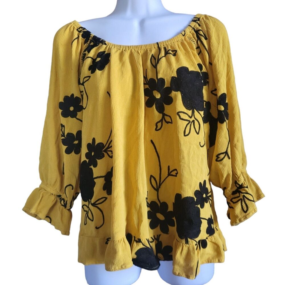 Liv Los Angeles Mustard Black Floral Peplum Off the Shoulder Shirt Size M